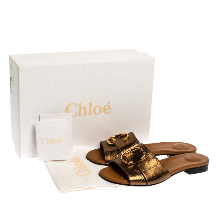 Pre Owned Chloe Golden Leather C Logo Flat Slides Size 36