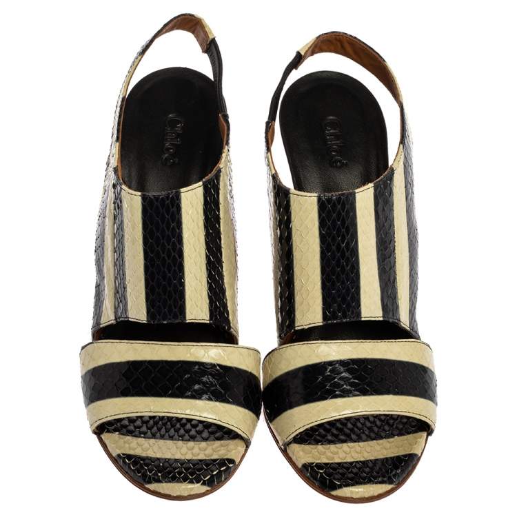 Pre Owned Chloe Cream/Black Striped Python Leather Ayers Wedge Slingback Sandals Size 39
