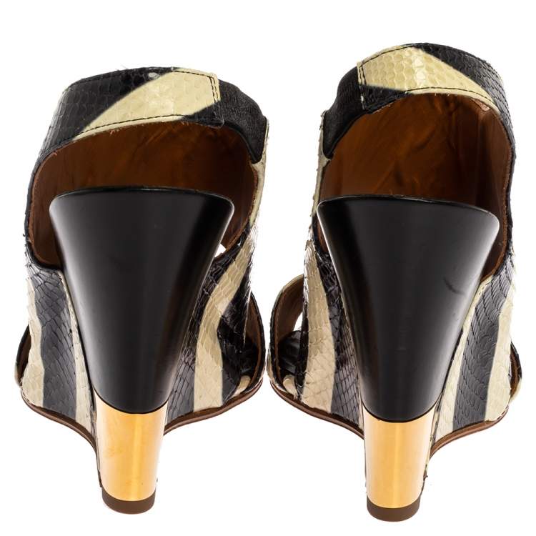 Pre Owned Chloe Cream/Black Striped Python Leather Ayers Wedge Slingback Sandals Size 39