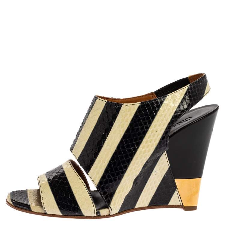 Pre Owned Chloe Cream/Black Striped Python Leather Ayers Wedge Slingback Sandals Size 39
