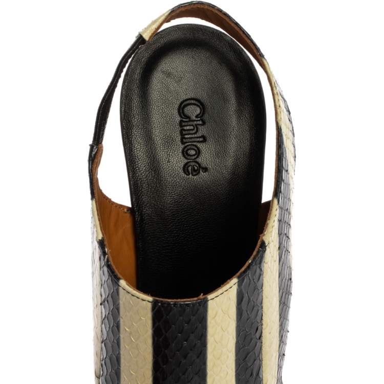 Pre Owned Chloe Cream/Black Striped Python Leather Ayers Wedge Slingback Sandals Size 39