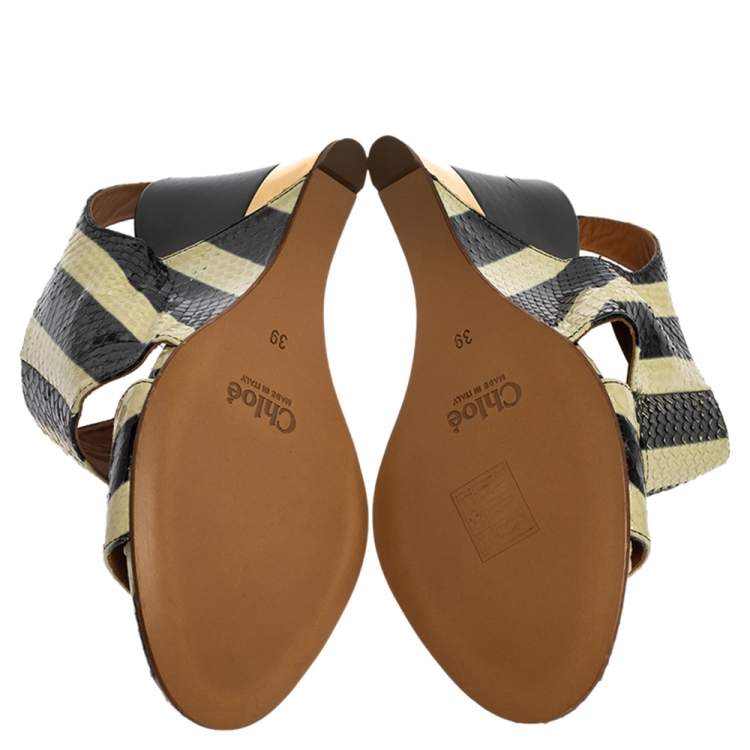 Pre Owned Chloe Cream/Black Striped Python Leather Ayers Wedge Slingback Sandals Size 39