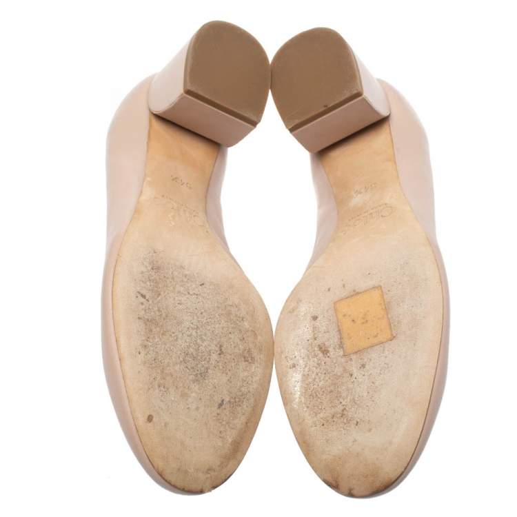 Pre Owned Chloe Beige Leather Lauren Scallop Trim Block Heel Pumps Size 34.5