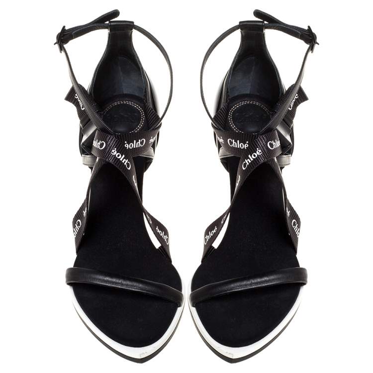 Pre Owned Chloe Black Leather and Canvas Strappy Logo Pointed Toe Sandals Size 40.5