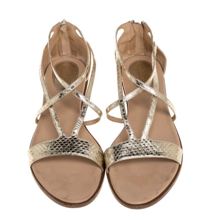 Pre Owned Chloe Gold Python Embossed Leather Strappy Ankle Zipper Flats Size 40