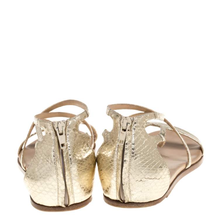 Pre Owned Chloe Gold Python Embossed Leather Strappy Ankle Zipper Flats Size 40