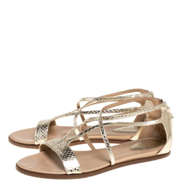 Pre Owned Chloe Gold Python Embossed Leather Strappy Ankle Zipper Flats Size 40