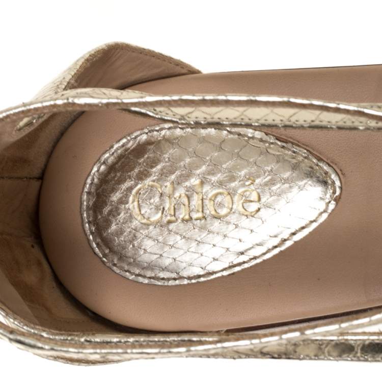 Pre Owned Chloe Gold Python Embossed Leather Strappy Ankle Zipper Flats Size 40
