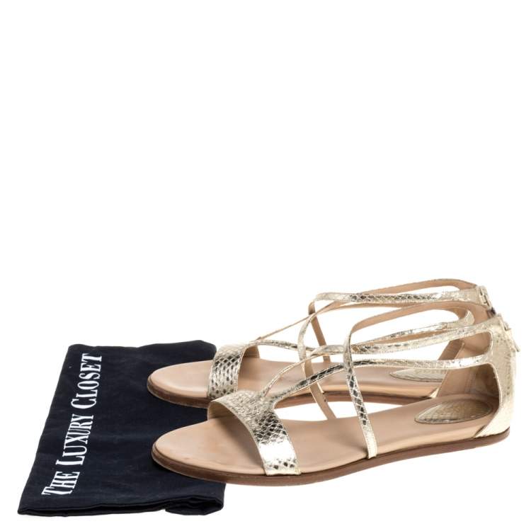 Pre Owned Chloe Gold Python Embossed Leather Strappy Ankle Zipper Flats Size 40