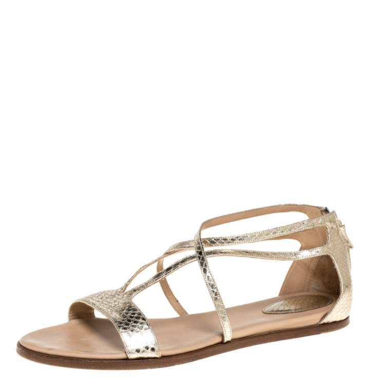 Pre Owned Chloe Gold Python Embossed Leather Strappy Ankle Zipper Flats Size 40