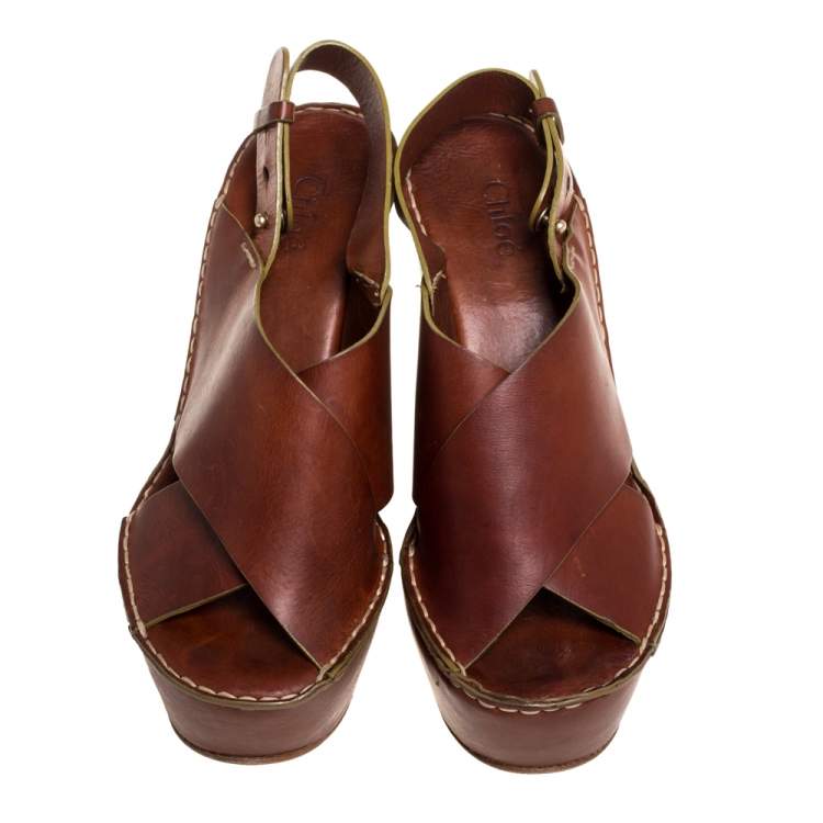 Pre Owned Chloe Brown Leather Criss Cross Platform Wedge Sandals Size 38