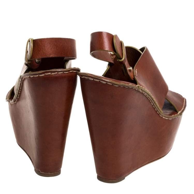 Pre Owned Chloe Brown Leather Criss Cross Platform Wedge Sandals Size 38