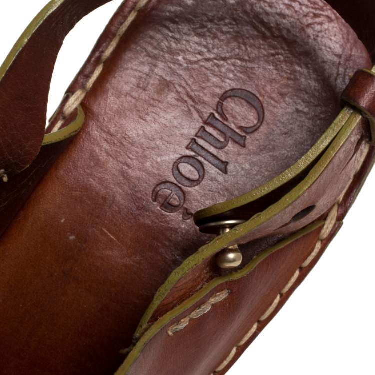 Pre Owned Chloe Brown Leather Criss Cross Platform Wedge Sandals Size 38