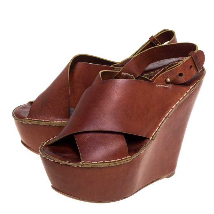Pre Owned Chloe Brown Leather Criss Cross Platform Wedge Sandals Size 38