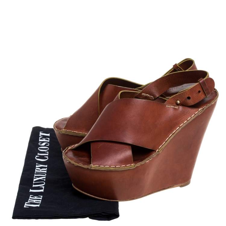 Pre Owned Chloe Brown Leather Criss Cross Platform Wedge Sandals Size 38