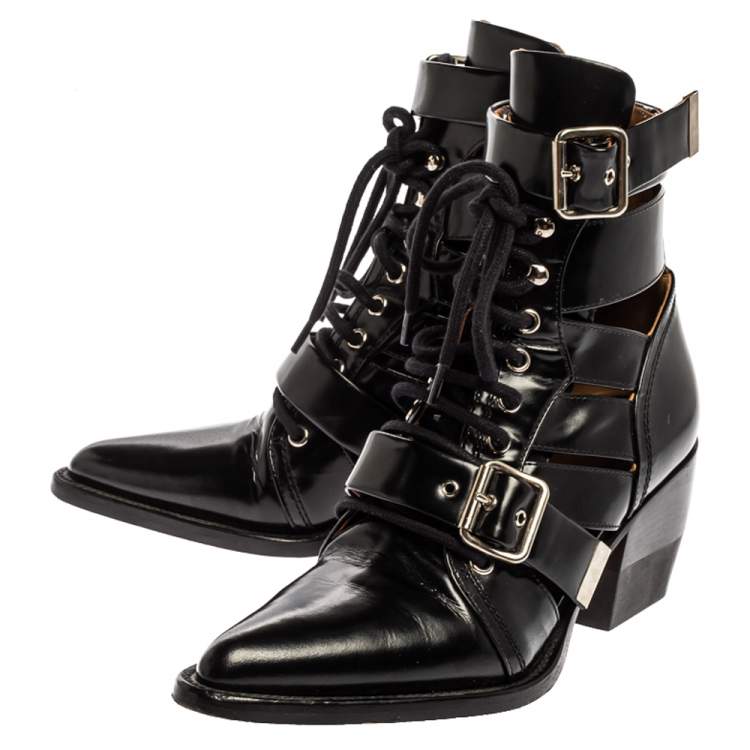 Pre Owned Chloe Black Leather Rylee Pointed Toe Boots Size 38