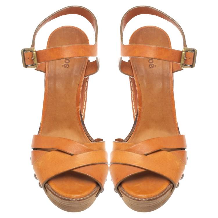 Pre Owned Chloe Brown Leather Platform Ankle Strap Sandals Size 38.5