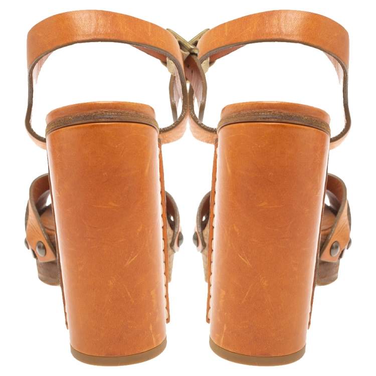 Pre Owned Chloe Brown Leather Platform Ankle Strap Sandals Size 38.5