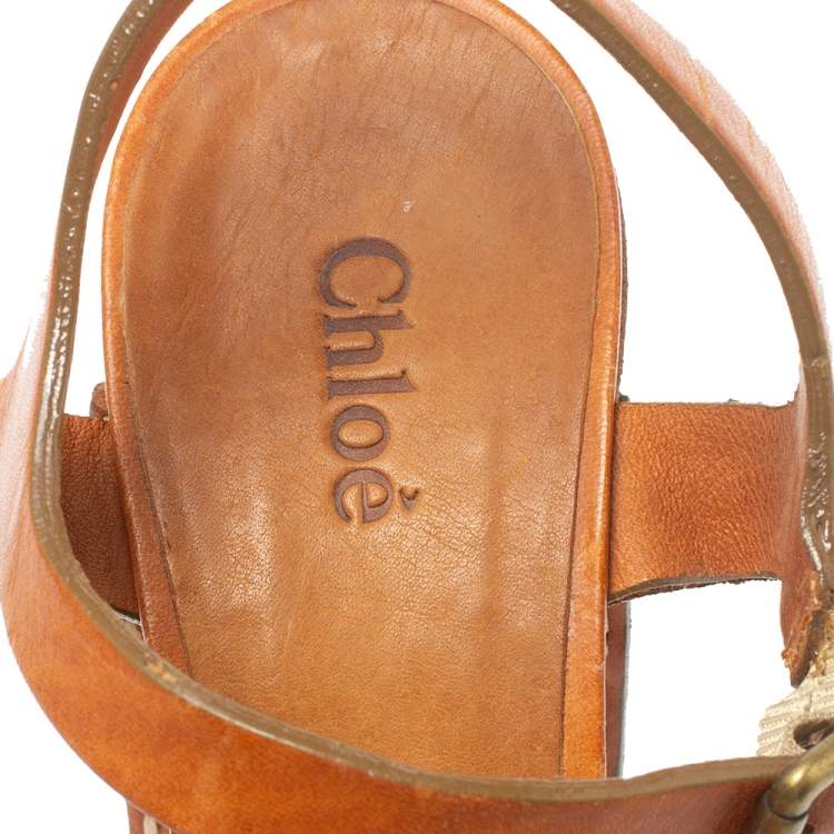 Pre Owned Chloe Brown Leather Platform Ankle Strap Sandals Size 38.5