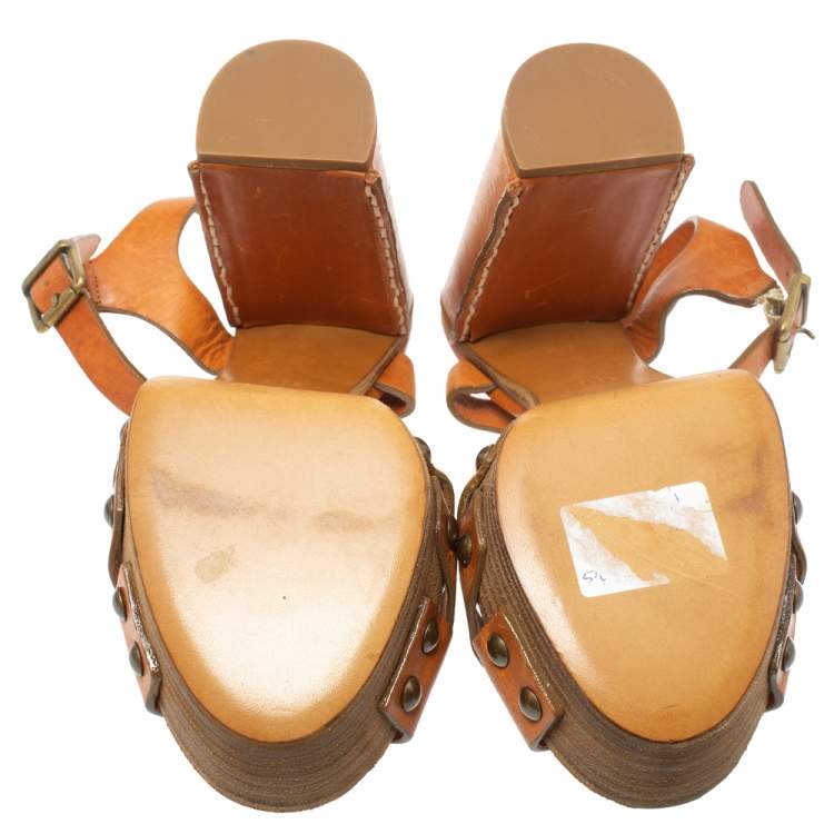 Pre Owned Chloe Brown Leather Platform Ankle Strap Sandals Size 38.5