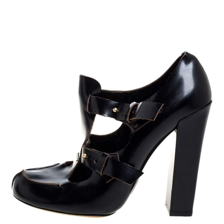 Pre Owned Chloe Black Leather Buckle Block Heel Pumps Size 39