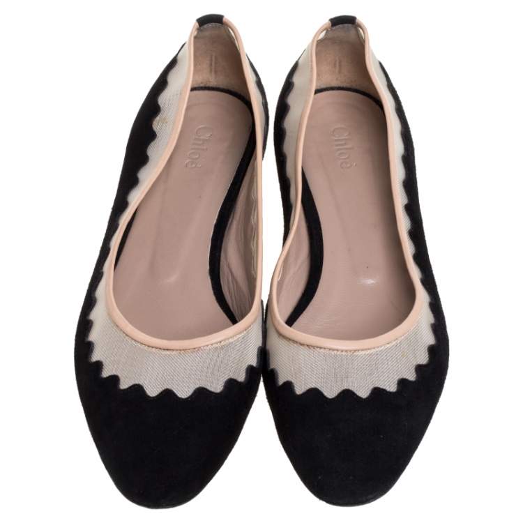 Pre Owned Chloe Black Suede And Mesh Scallop Tulle Ballet Flats Size 36.5