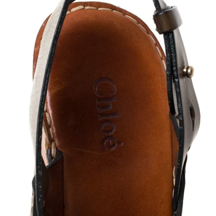Pre Owned Chloe Olive Green Leather Wedge Platform Sandals Size 39