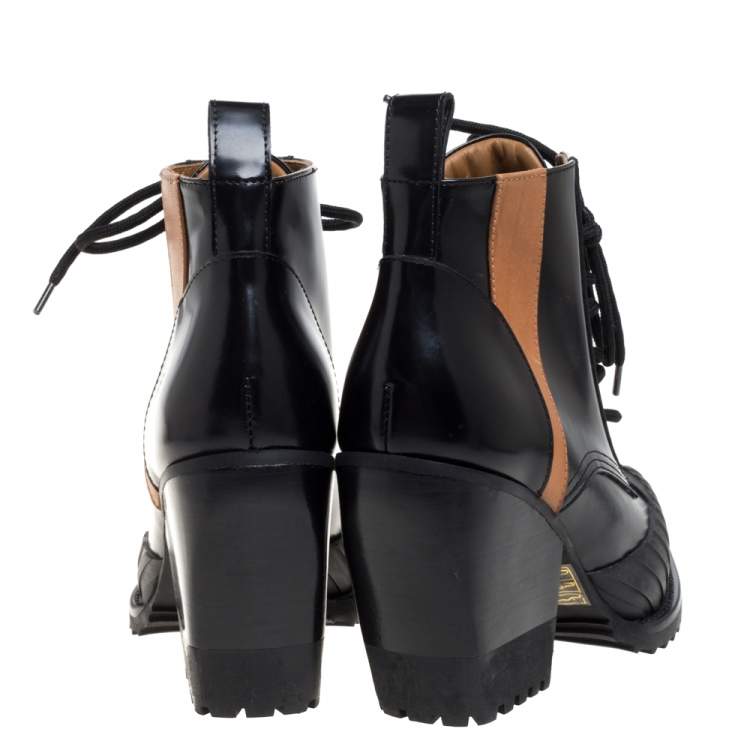 Pre Owned Chloé Black Leather Rylee Rubber Cap Toe Lace Up Ankle Boots Size 36