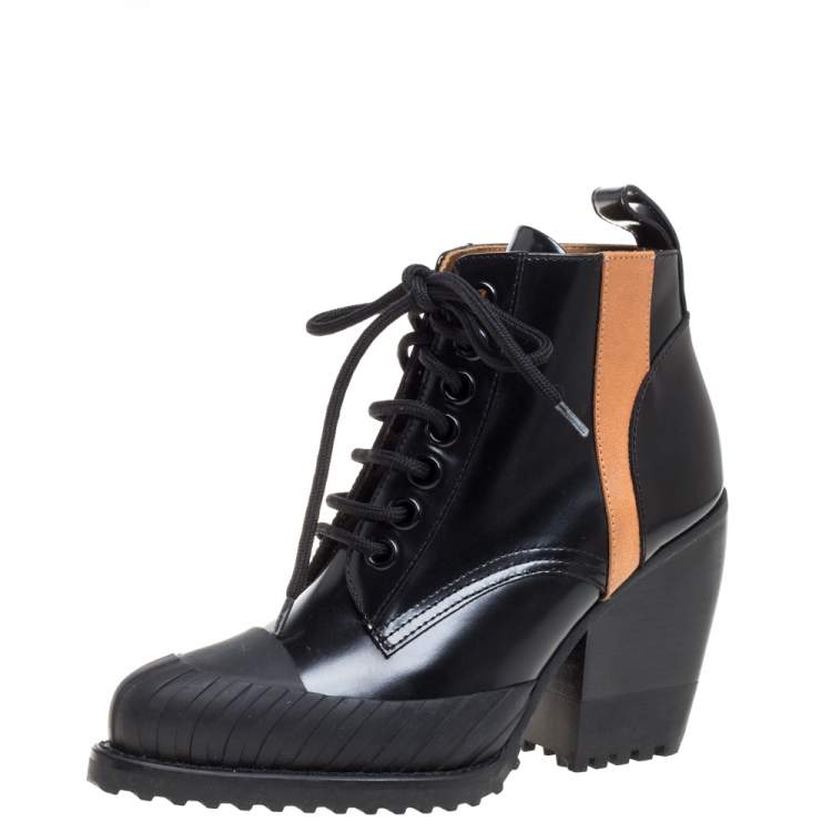 Chloé Black Leather Rylee Rubber Cap Toe Lace Up Ankle Boots Size 