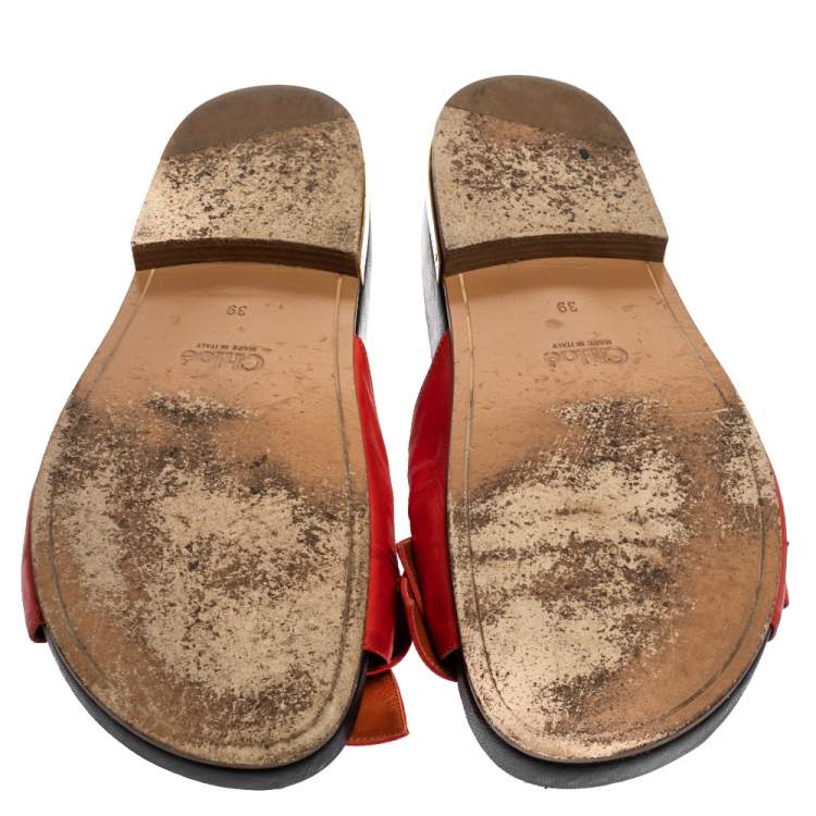 مملوكة مسبقًا Chloe Red Leather Emily Knotted Bow Detail Slide Flats Size 39