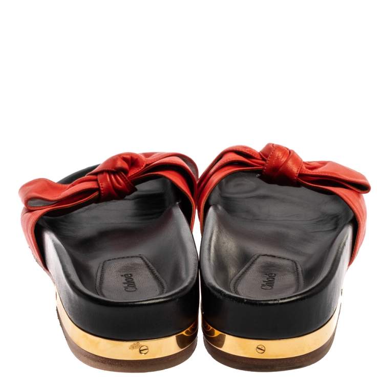 مملوكة مسبقًا Chloe Red Leather Emily Knotted Bow Detail Slide Flats Size 39