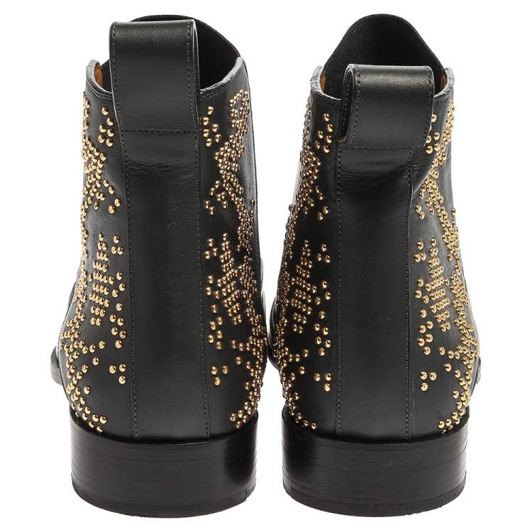 Pre Owned Chloe Grey Leather Studded Pointed Toe Ankle Boots Size 38.5