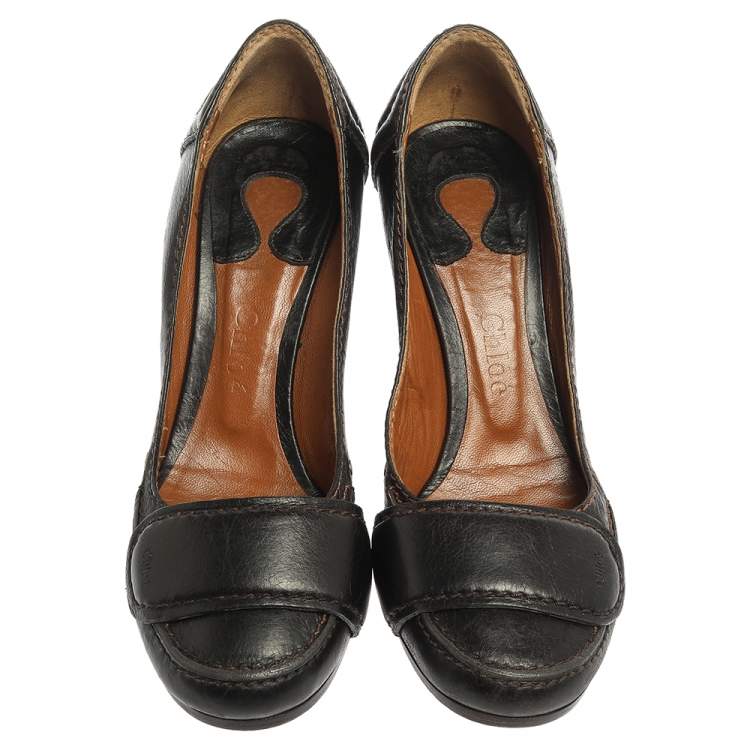 Pre Owned Chloe Brown Leather Round Toe Block Heel Pumps Size 37