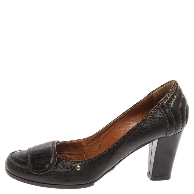Pre Owned Chloe Brown Leather Round Toe Block Heel Pumps Size 37