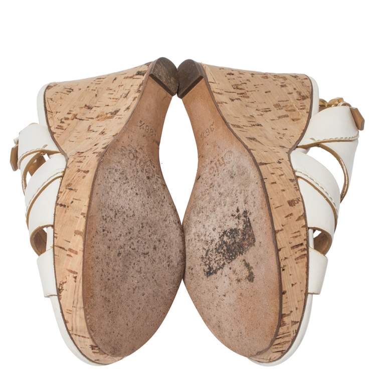 Pre Owned Chloe White Leather Cork Wedge Platform Slingback Sandals Size 36.5
