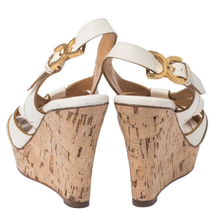 Pre Owned Chloe White Leather Cork Wedge Platform Slingback Sandals Size 36.5