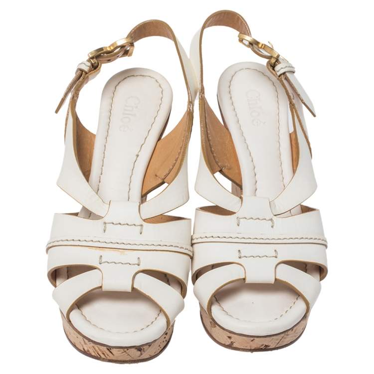 Pre Owned Chloe White Leather Cork Wedge Platform Slingback Sandals Size 36.5