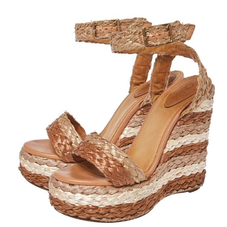 Pre Owned Chloe Tri Color Raffia Woven Wedge Ankle Strap Sandals Size 36.5