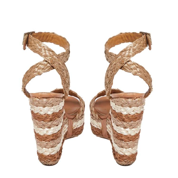 Pre Owned Chloe Tri Color Raffia Woven Wedge Ankle Strap Sandals Size 36.5