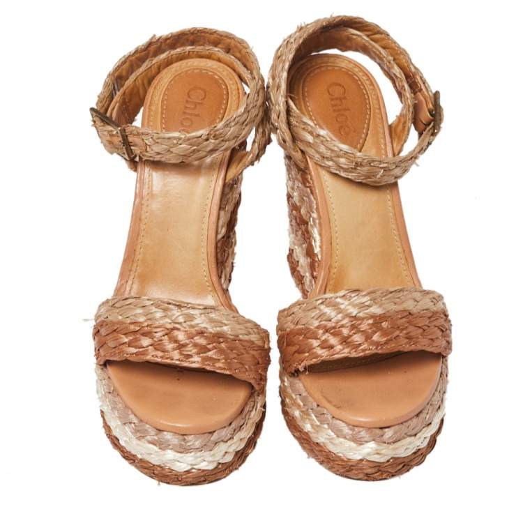 Pre Owned Chloe Tri Color Raffia Woven Wedge Ankle Strap Sandals Size 36.5