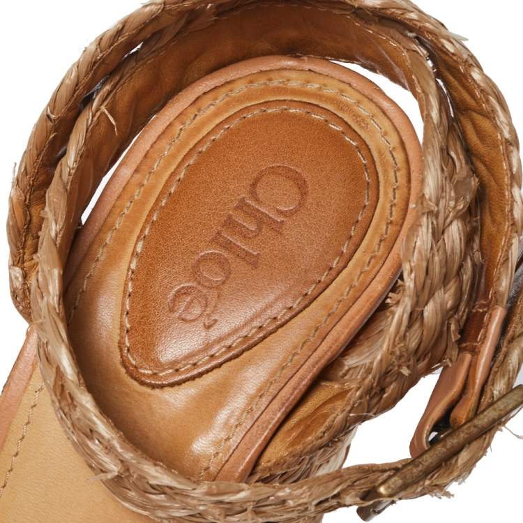 Pre Owned Chloe Tri Color Raffia Woven Wedge Ankle Strap Sandals Size 36.5
