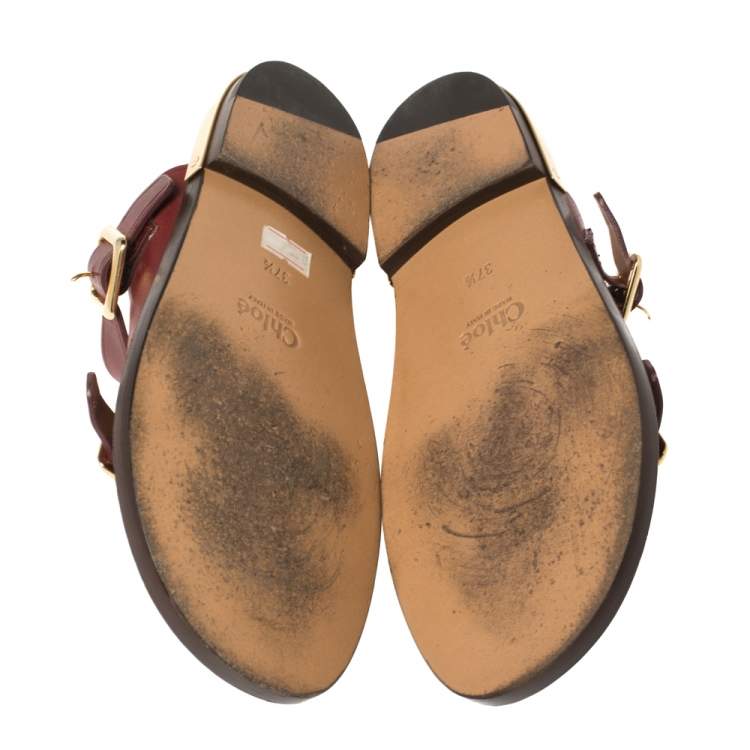 Pre Owned Chloe Burgundy Leather Buckle Detail Flat Sandals Size 37.5