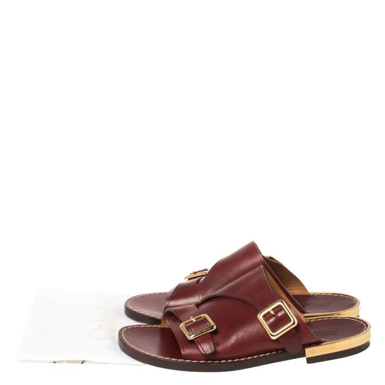 Pre Owned Chloe Burgundy Leather Buckle Detail Flat Sandals Size 37.5