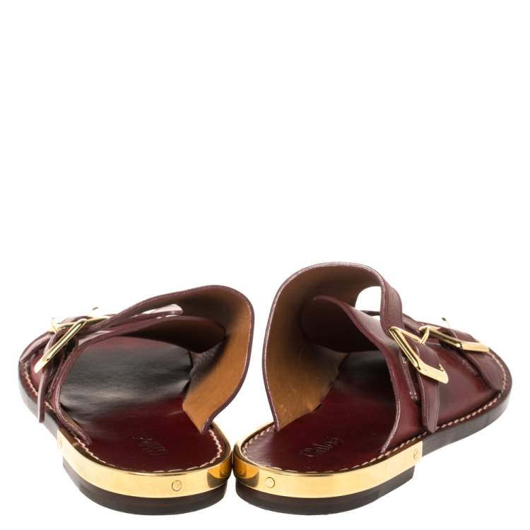 Pre Owned Chloe Burgundy Leather Buckle Detail Flat Sandals Size 37.5