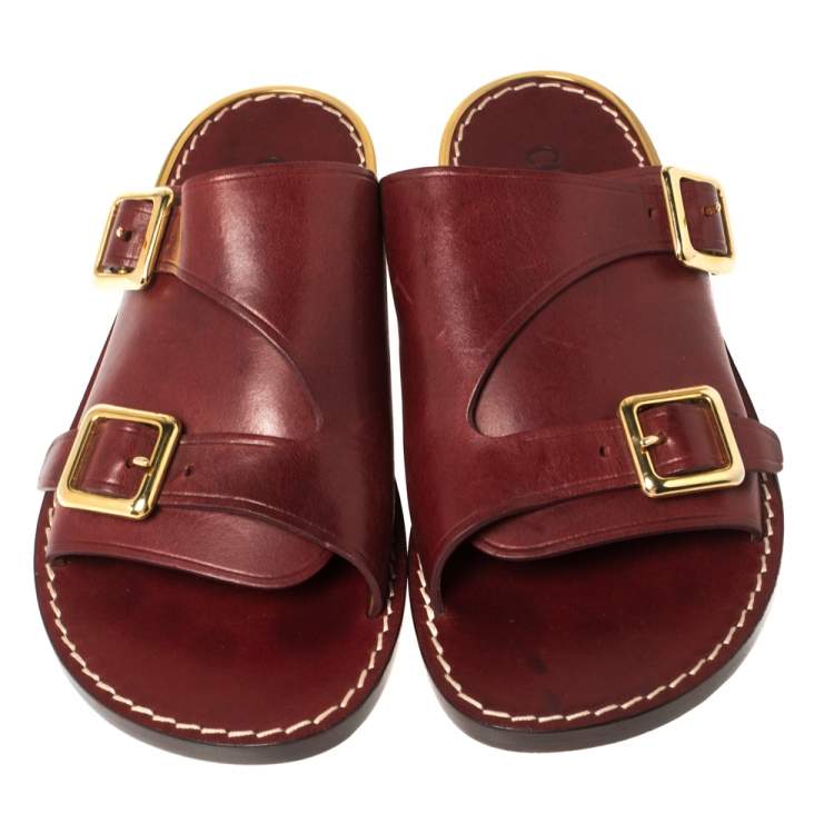 Pre Owned Chloe Burgundy Leather Buckle Detail Flat Sandals Size 37.5