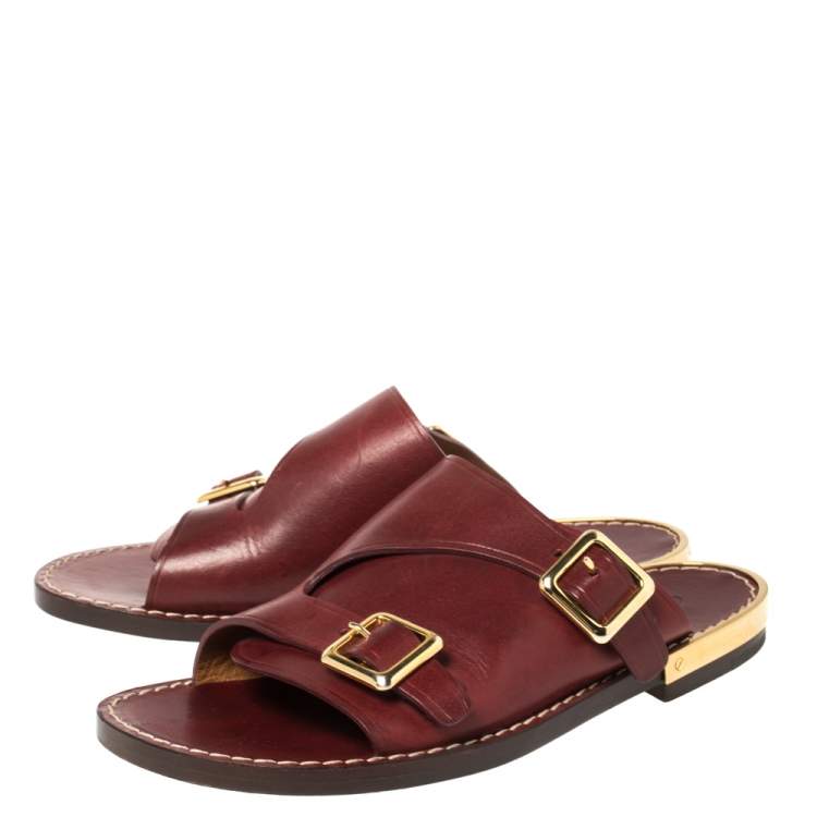 Pre Owned Chloe Burgundy Leather Buckle Detail Flat Sandals Size 37.5