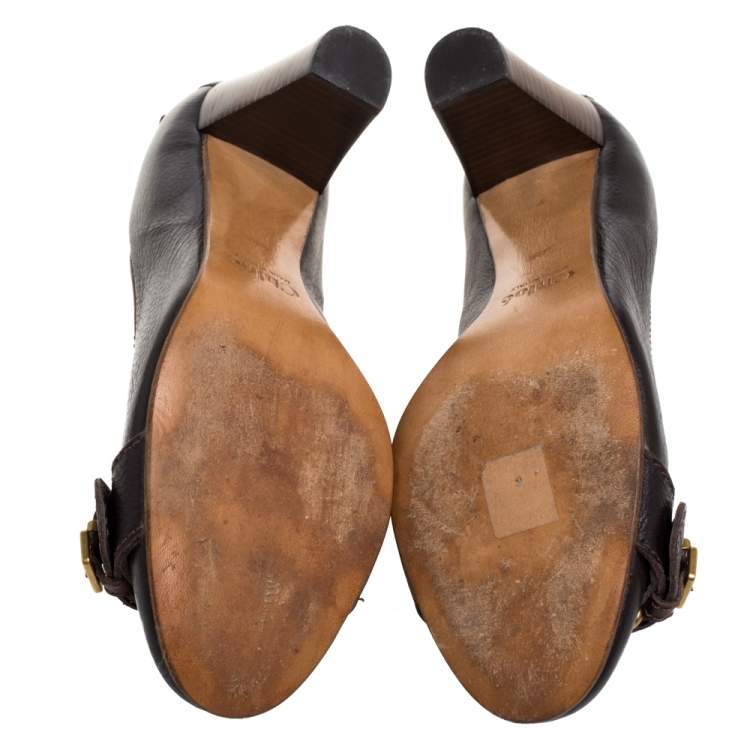 Pre Owned Chloe Brown Leather  Buckle Detail Round Toe Block Heel Pumps Size 39