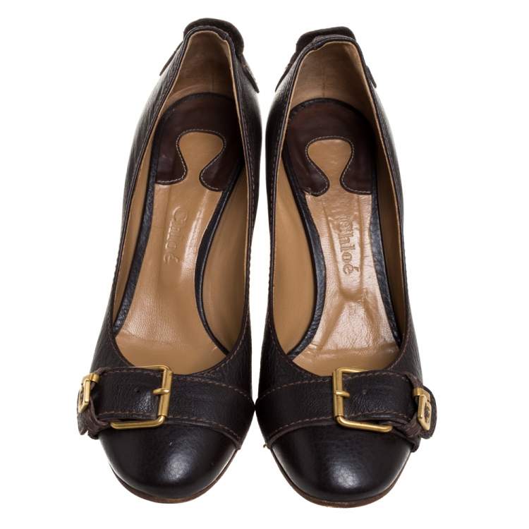 Pre Owned Chloe Brown Leather  Buckle Detail Round Toe Block Heel Pumps Size 39