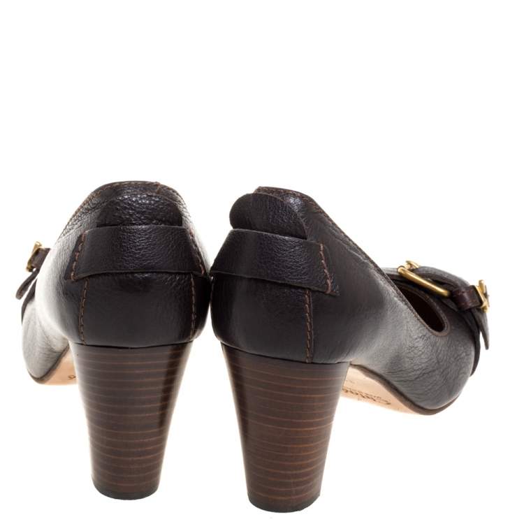 Pre Owned Chloe Brown Leather  Buckle Detail Round Toe Block Heel Pumps Size 39
