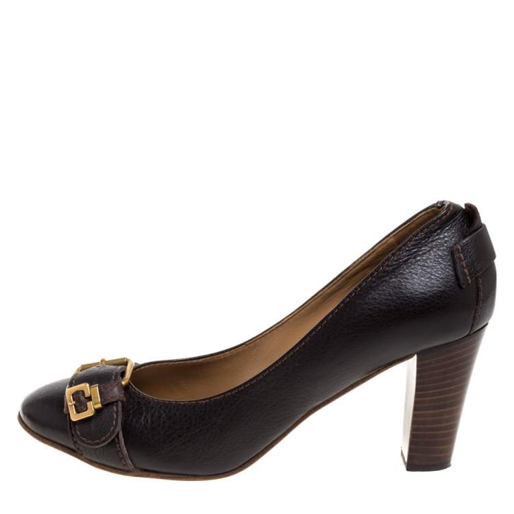 Pre Owned Chloe Brown Leather  Buckle Detail Round Toe Block Heel Pumps Size 39